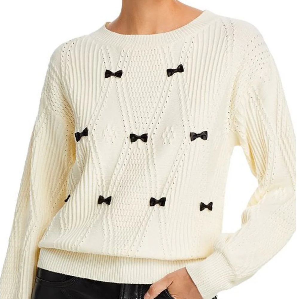 Nancy Yang Pointelle Womens Sweater White Mini Black Bows S Knit festiv Pullover